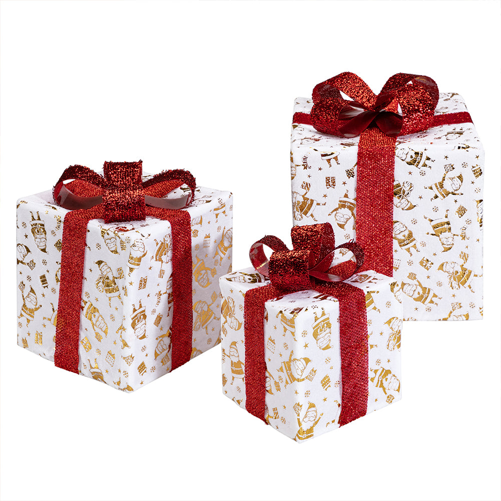 Set 3 Pacchetti Pacchi Regalo Luminosi Natale Fiocco Rosso e Luce Bianco Caldo