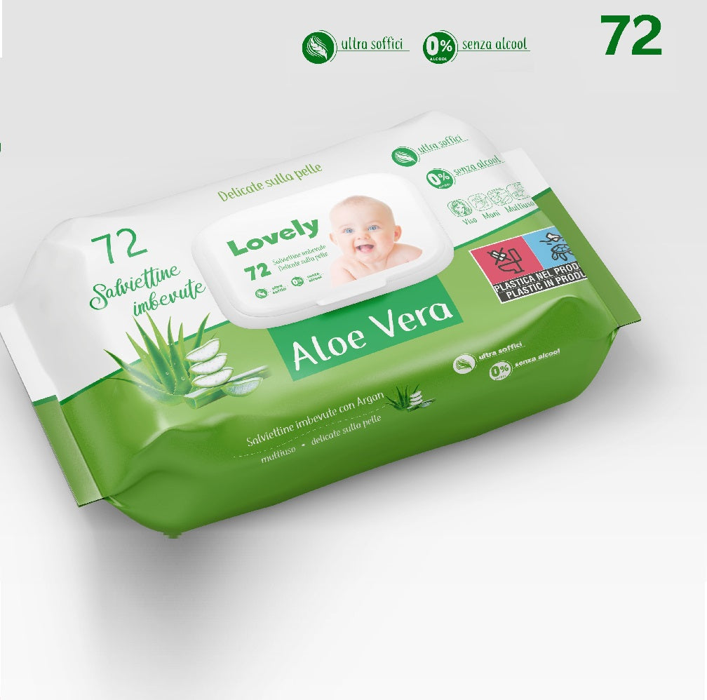 12Conf. x 72pz Salviettine Imbevute Bimbo Multiuso Tappo Ermetico No Alcool Aloe