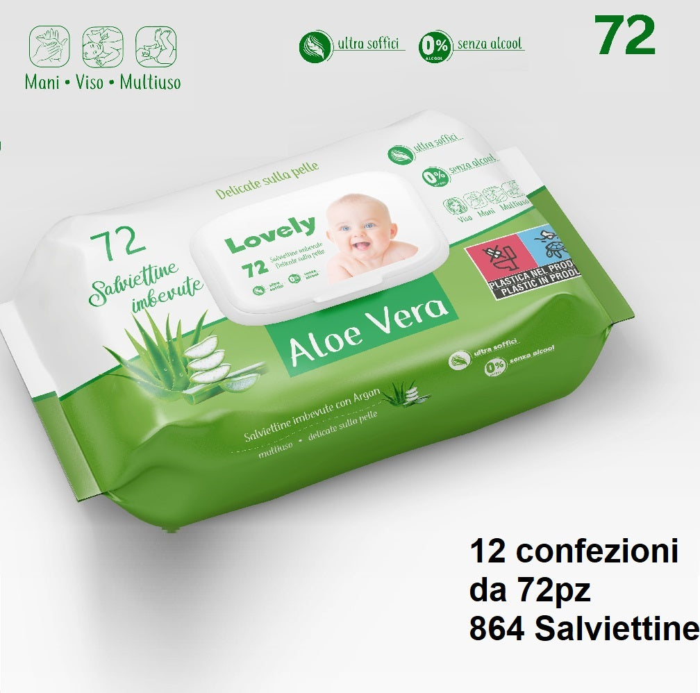 12Conf. x 72pz Salviettine Imbevute Bimbo Multiuso Tappo Ermetico No Alcool Aloe