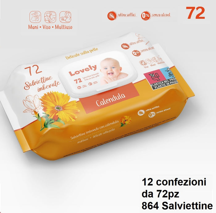 12Conf. x 72pz Salviettine Imbevute Bimbo Multiuso Tappo Ermetico No Alcool Calendula