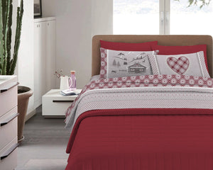 Completo Letto in Flanella Calda e Morbida Anti Pilling - Set Flanellato 3 Misure parure con Federe - Chalet Rosso - 1 Piazza