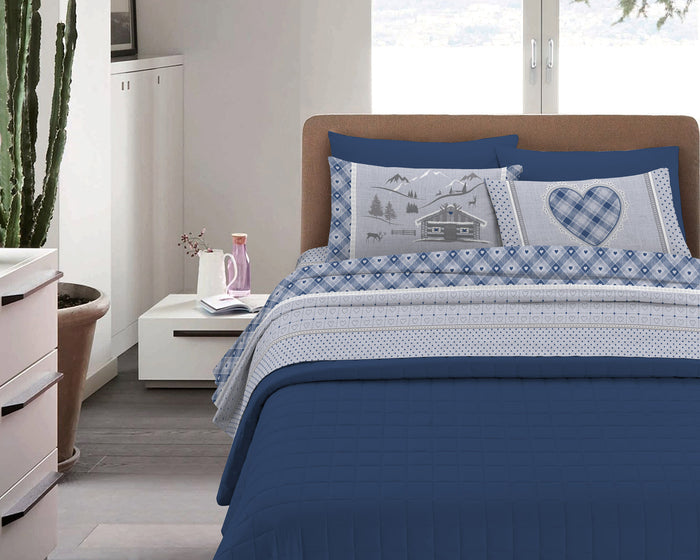 Completo Letto in Flanella Calda e Morbida Anti Pilling - Set Flanellato 3 Misure parure con Federe - Chalet Blu - 1 Piazza e mezza