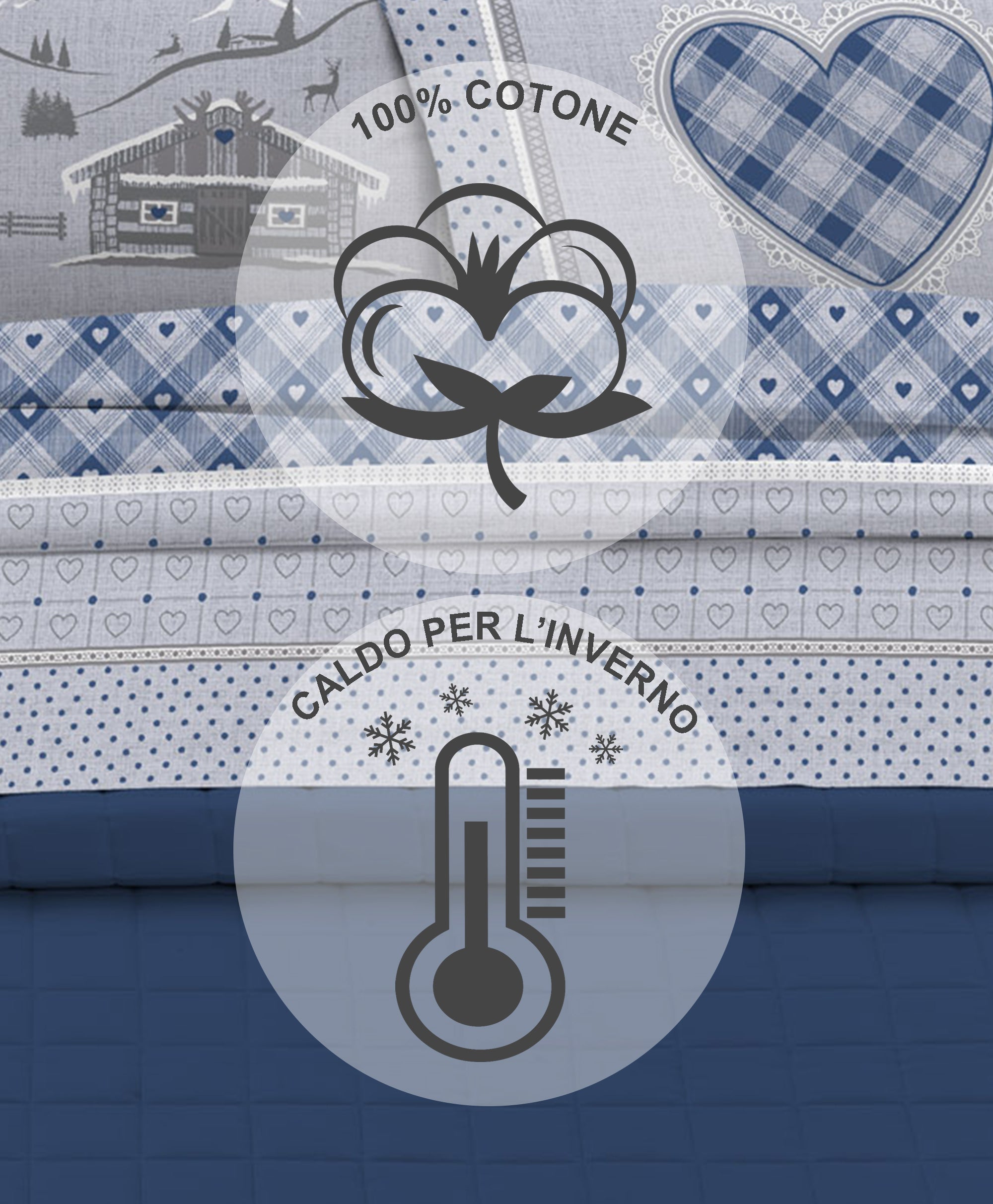 Completo Letto in Flanella Calda e Morbida Anti Pilling - Set Flanellato 3 Misure parure con Federe - Chalet Blu - 1 Piazza e mezza