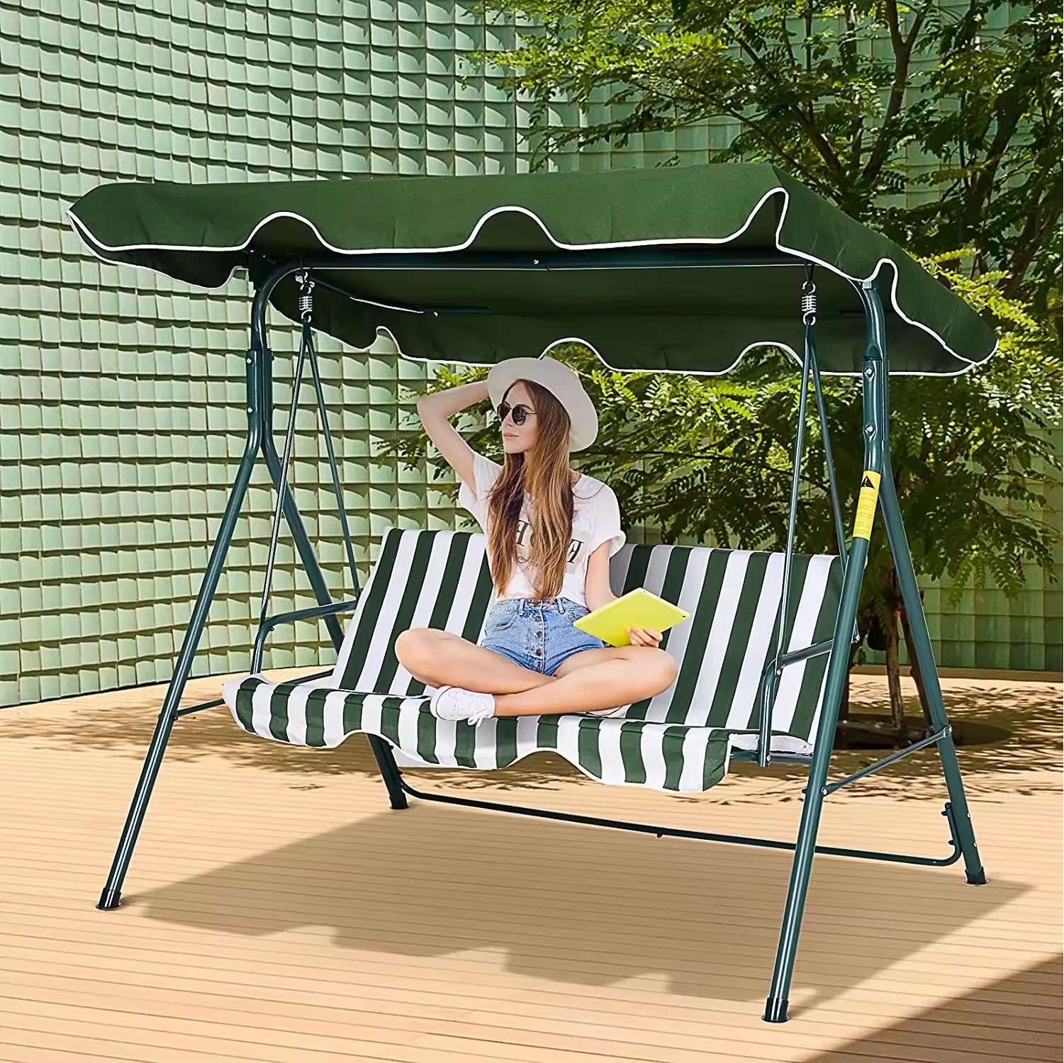 Dondolo Da Giardino 3 Posti Con Tetto Parasole Regolabile Reclinabile Impermeabile Struttura In Acciaio 170x115x153 Cm Bianco Verde Seduta Ammortizzata 