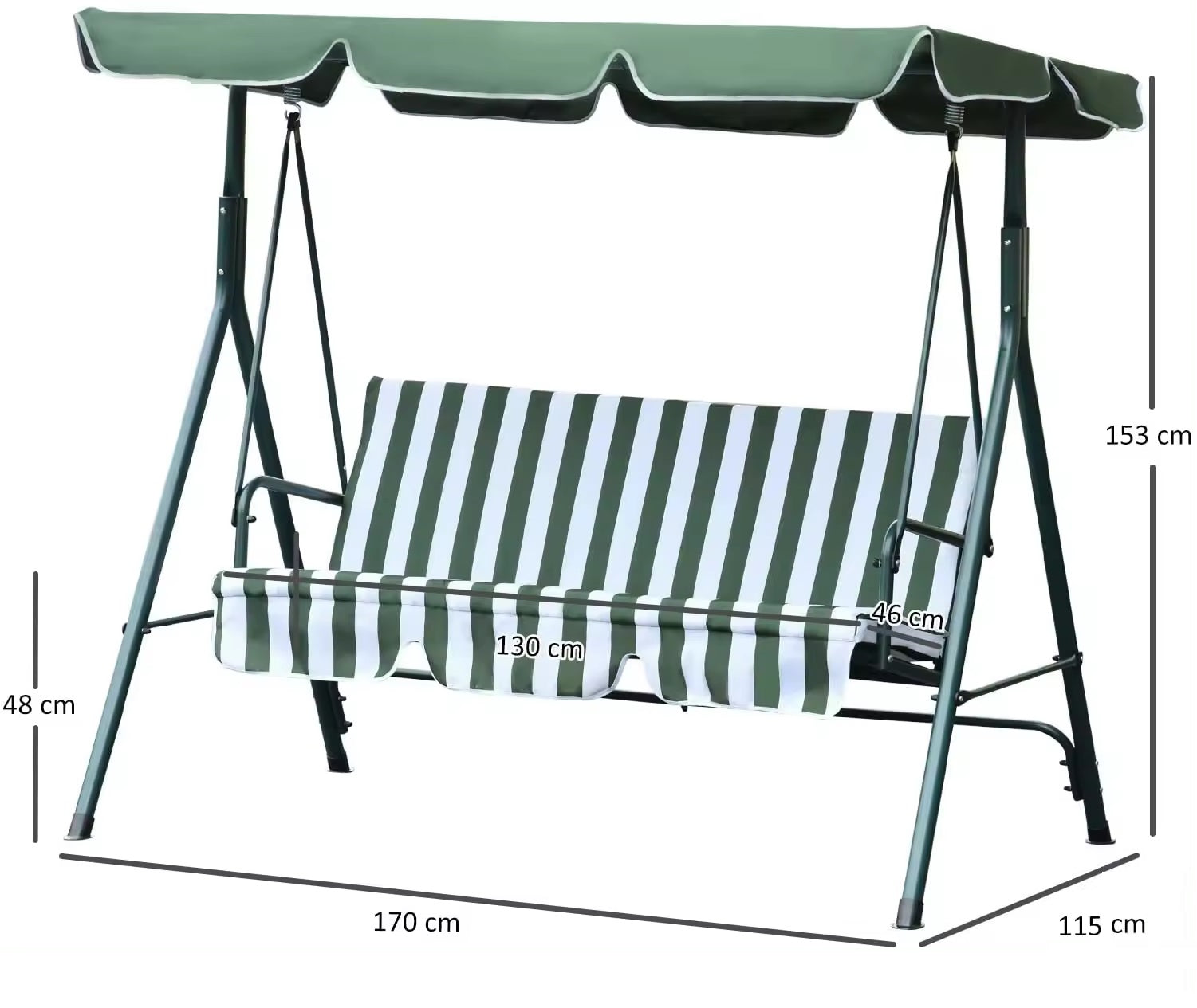 Dondolo Da Giardino 3 Posti Con Tetto Parasole Regolabile Reclinabile Impermeabile Struttura In Acciaio 170x115x153 Cm Bianco Verde Seduta Ammortizzata 