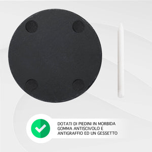 Set 8 Pezzi Sottobicchieri Rotondi In Ardesia 10 Cm Colore Nero Pietra Naturale Certificati Contatto Alimentare Con Gessetto Supporto Metallo Gommini Antiscivolo Sottobicchiere