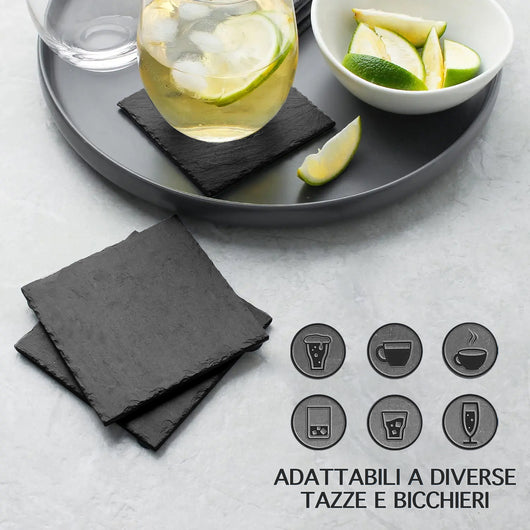 Set 10 Pezzi Sottobicchieri Quadrati In Ardesia 10 x 10 Cm Colore Nero Pietra Naturale Certificati Contatto Alimentare Con Gommini Antiscivolo Sottobicchiere Gessetti In Regalo