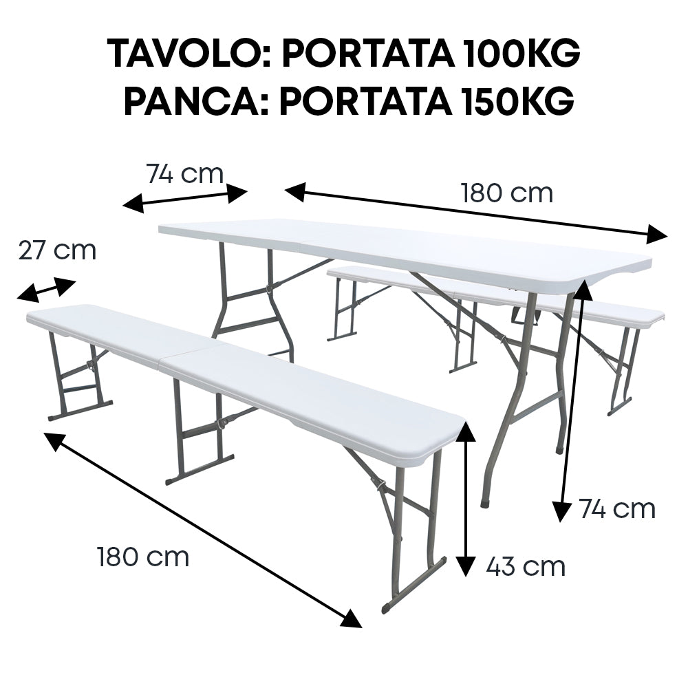 Set Da 3 Pezzi Tavolo + 2 Panche Pieghevoli Set Birreria Interno Esterno 180 Cm XXL 6/8 Per Feste Sagre Posti Maniglie Per Trasporto Giardino Campeggio Struttura Acciaio Impermeabile Uv Resistente