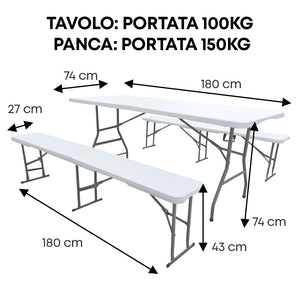 Set Da 3 Pezzi Tavolo + 2 Panche Pieghevoli Set Birreria Interno Esterno 180 Cm XXL 6/8 Per Feste Sagre Posti Maniglie Per Trasporto Giardino Campeggio Struttura Acciaio Impermeabile Uv Resistente