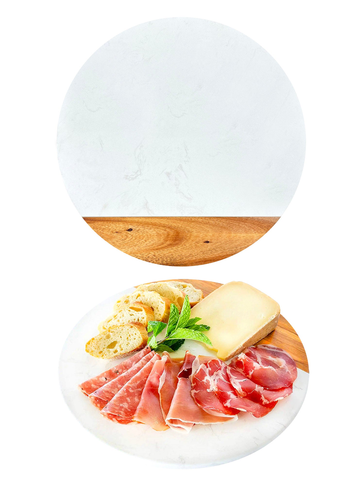 Tagliere Rotondo Ø30Cm Pietra Effetto Marmo E Legno Certificato Contatto Alimentare Vassoio Portata Salumi Formaggi Piatto Asse Cucina