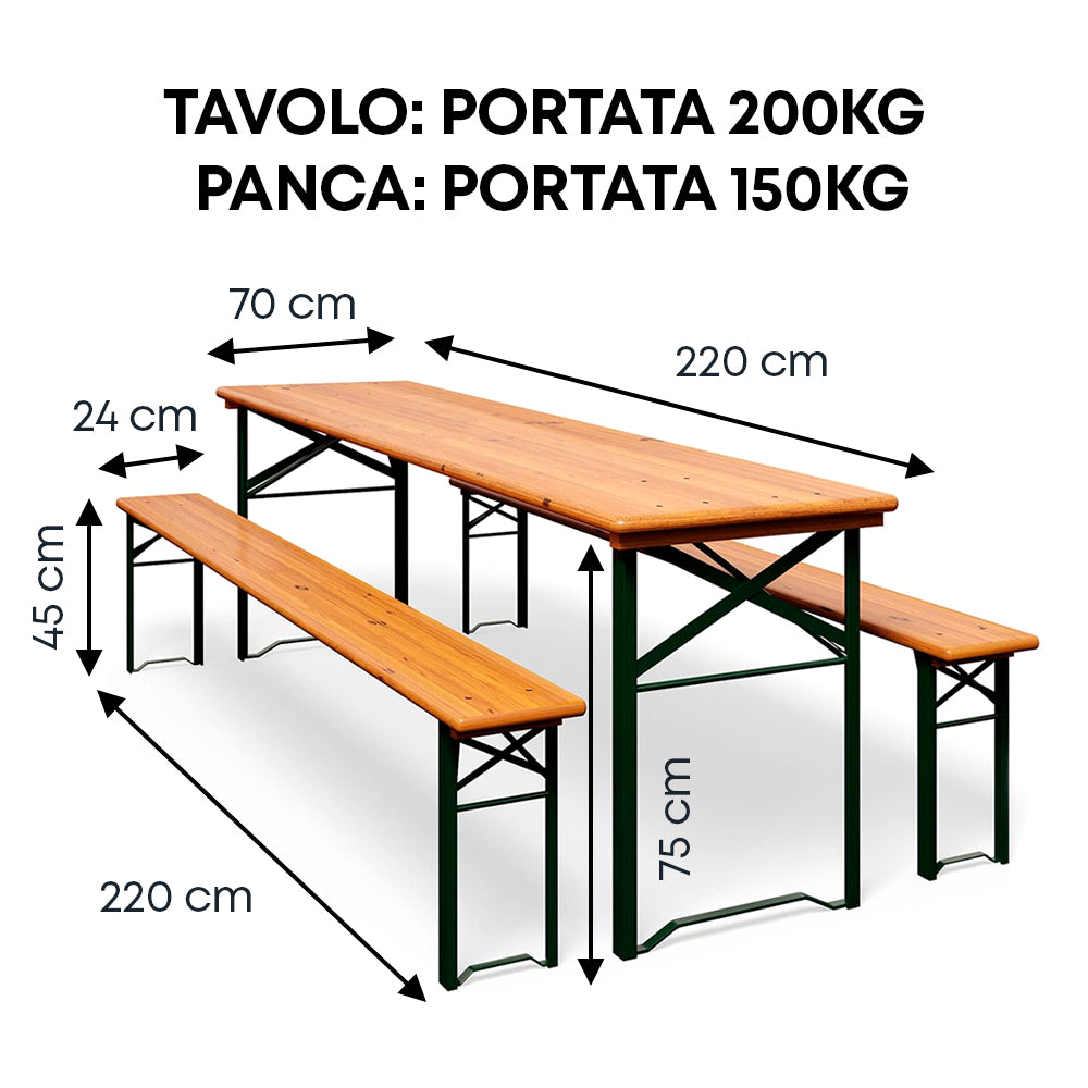 Set Birreria 220 x 70 Cm XXL 10 Posti 3 Pezzi 2 Panche 1 Tavolo Pieghevole Panca Da Feste Sagra Legno Abete Struttura Acciaio Richiudibile Feste Giardino Festa Birra