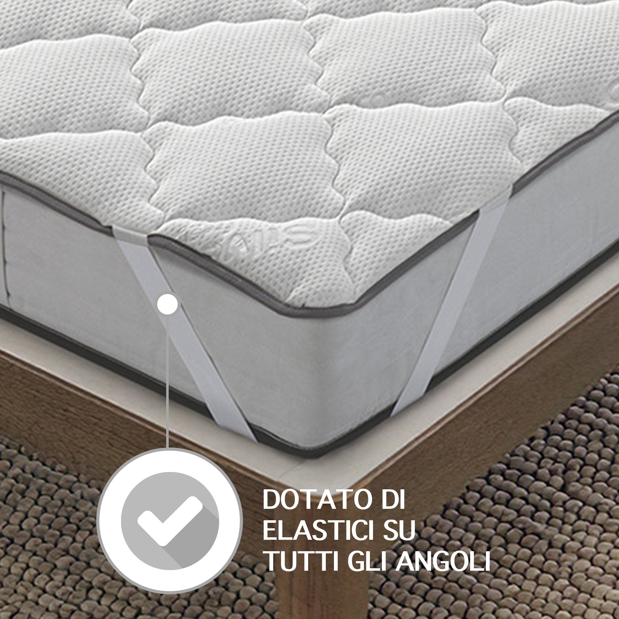 Topper Trapuntato Prodotto Italiano Qualita' Superiore Trattamento Silver Correttore Materasso Anallergico con Fasce Elastiche Coprimaterasso Traspirante Protettivo - Bianco - Singolo90x200cm