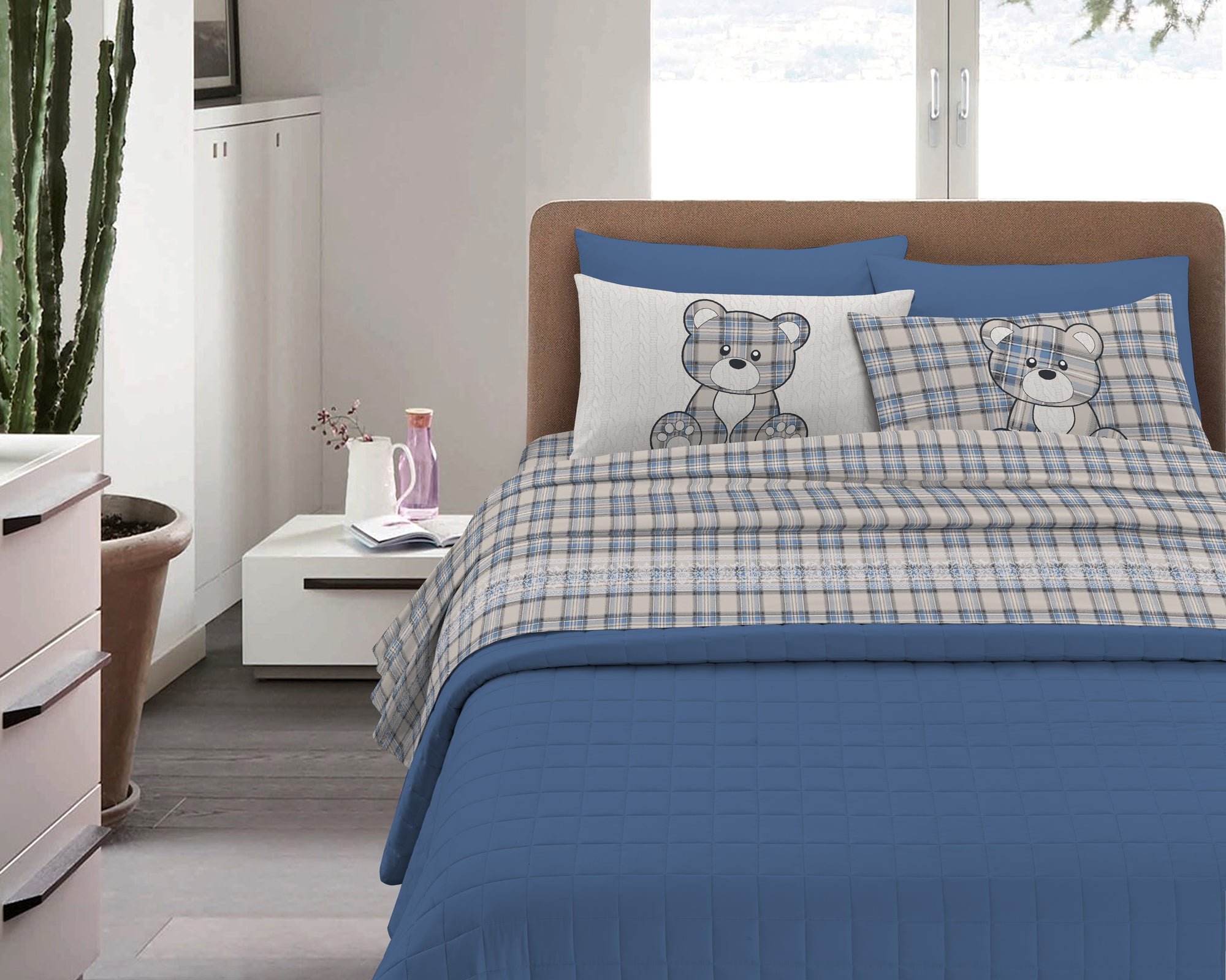 Completo Letto in Flanella Calda e Morbida Anti Pilling - Set Flanellato 3 Misure parure con Federe - Orsetto Tartan Azzurro - 1 Piazza