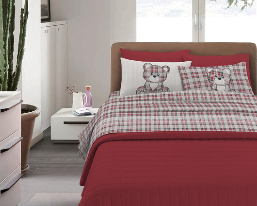 Completo Letto in Flanella Calda e Morbida Anti Pilling - Set Flanellato 3 Misure parure con Federe - Orsetto Tartan Rosso - 1 Piazza