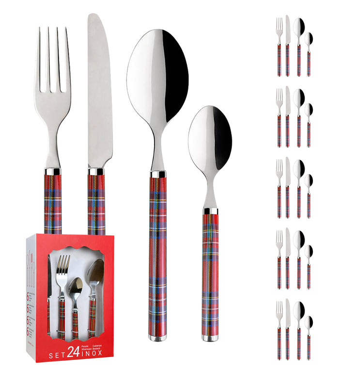 Set 24 Pezzi Posate Tavola Acciaio Inox Fantasia Scozzese 6x Forchetta Coltello Cucchiaio Cucchiaino Rosse Lavabili Lavastoviglie Confezione Regalo Idea Natale