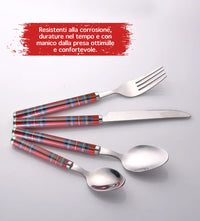 Set 24 Pezzi Posate Tavola Acciaio Inox Fantasia Scozzese 6x Forchetta Coltello Cucchiaio Cucchiaino Rosse Lavabili Lavastoviglie Confezione Regalo Idea Natale