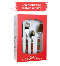 Set 24 Pezzi Posate Tavola Acciaio Inox Fantasia Scozzese 6x Forchetta Coltello Cucchiaio Cucchiaino Rosse Lavabili Lavastoviglie Confezione Regalo Idea Natale