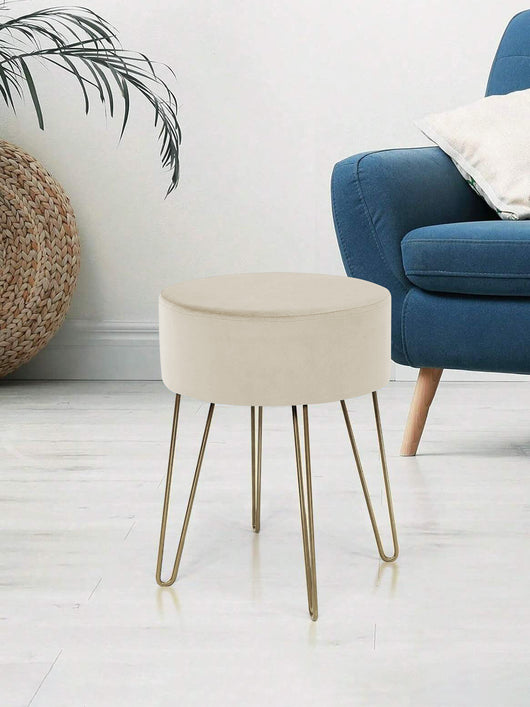 Pouf Poggiapiedi In Velluto Con Gambe Dorate Elegante Imbottito Sgabello Per Toeletta Mobile Trucco Ottomano Ingresso Tavolino Camera Da Letto Soggiorno Salotto  - Beige - Rotondo