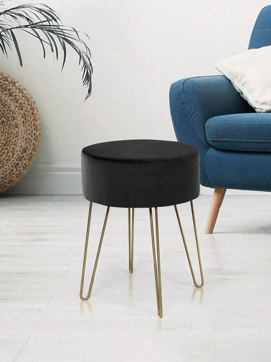 Pouf Poggiapiedi In Velluto Con Gambe Dorate Elegante Imbottito Sgabello Per Toeletta Mobile Trucco Ottomano Ingresso Tavolino Camera Da Letto Soggiorno Salotto  - Nero - Rotondo