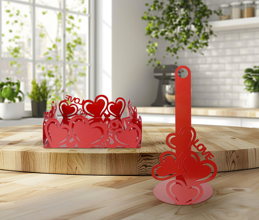 Set Accessori Cucina 2/4 Pezzi Porta Scottex Portatovaglioli Vassoio Grande Da Portata Portafrutta Centrotavola Metallo Design Moderno Decorazioni Tavola  - Cuori Rossi - 2 Pezzi