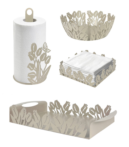 Set Accessori Cucina 2/4 Pezzi Porta Scottex Portatovaglioli Vassoio Grande Da Portata Portafrutta Centrotavola Metallo Design Moderno Decorazioni Tavola  - Papaveri - 4 Pezzi