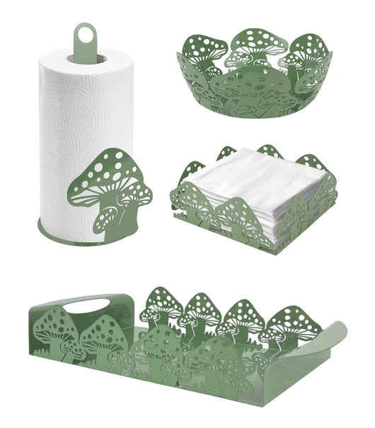 Set Accessori Cucina 2/4 Pezzi Porta Scottex Portatovaglioli Vassoio Grande Da Portata Portafrutta Centrotavola Metallo Design Moderno Decorazioni Tavola  - Funghetti - 4 Pezzi