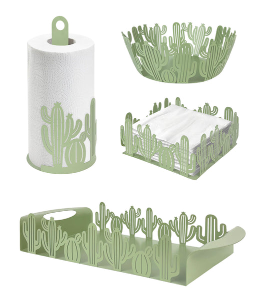 Set Accessori Cucina 2/4 Pezzi Porta Scottex Portatovaglioli Vassoio Grande Da Portata Portafrutta Centrotavola Metallo Design Moderno Decorazioni Tavola  - Cactus - 4 Pezzi