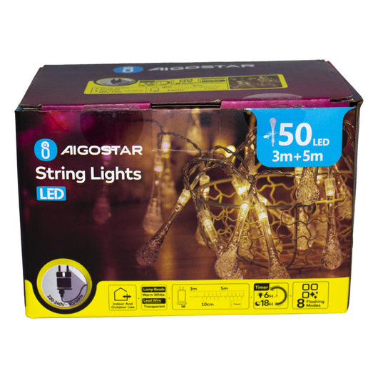 CATENA LUMINOSA GOCCIA AIGOSTAR 50 LED BIANCO CALDO