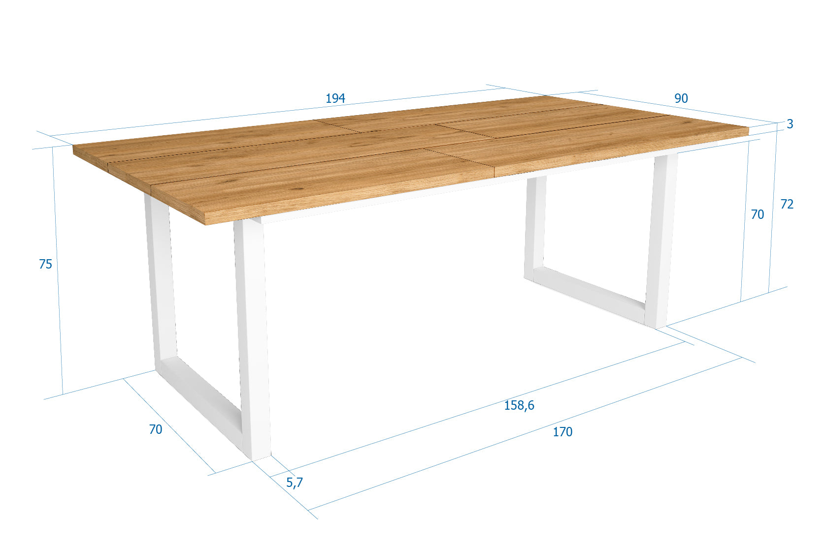 Tavolo da pranzo 10 posti 194x90 cm con gambe in legno a U stile moderno colore Rovere e gambe bianche