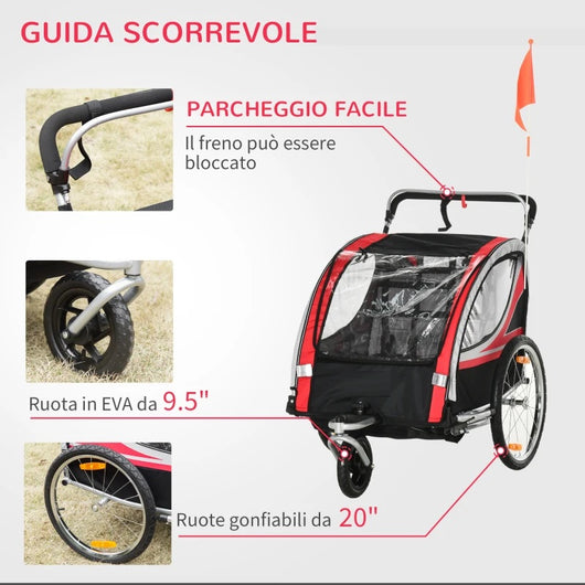 Rimorchio Bici Bambini 2in1 Cinture Freno di Sicurezza Telaio Acciaio e Copertura