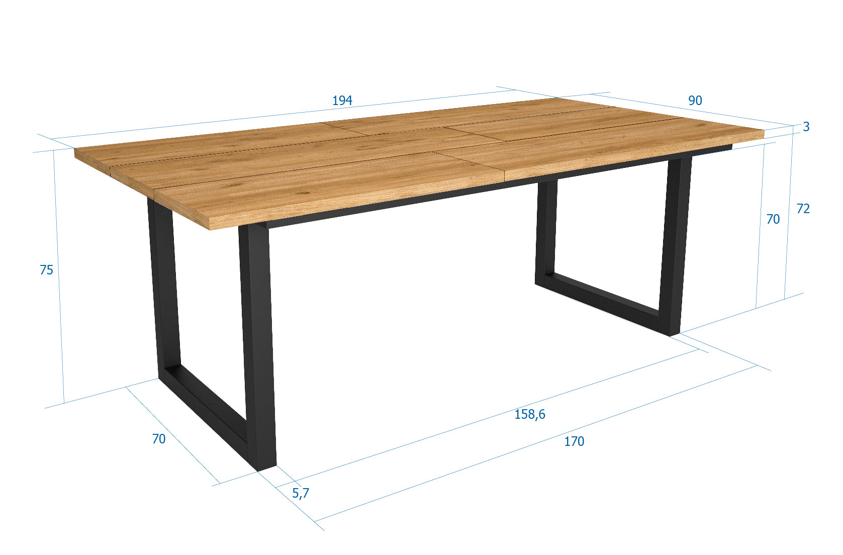 Tavolo da pranzo 10 posti 194x90 cm con gambe in legno a U stile moderno colore Rovere e gambe nere