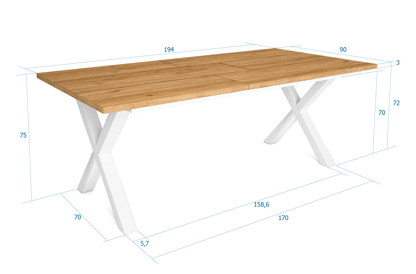 Tavolo da pranzo 10 posti 194x90 cm con gambe in legno a X stile moderno colore Rovere e gambe bianche