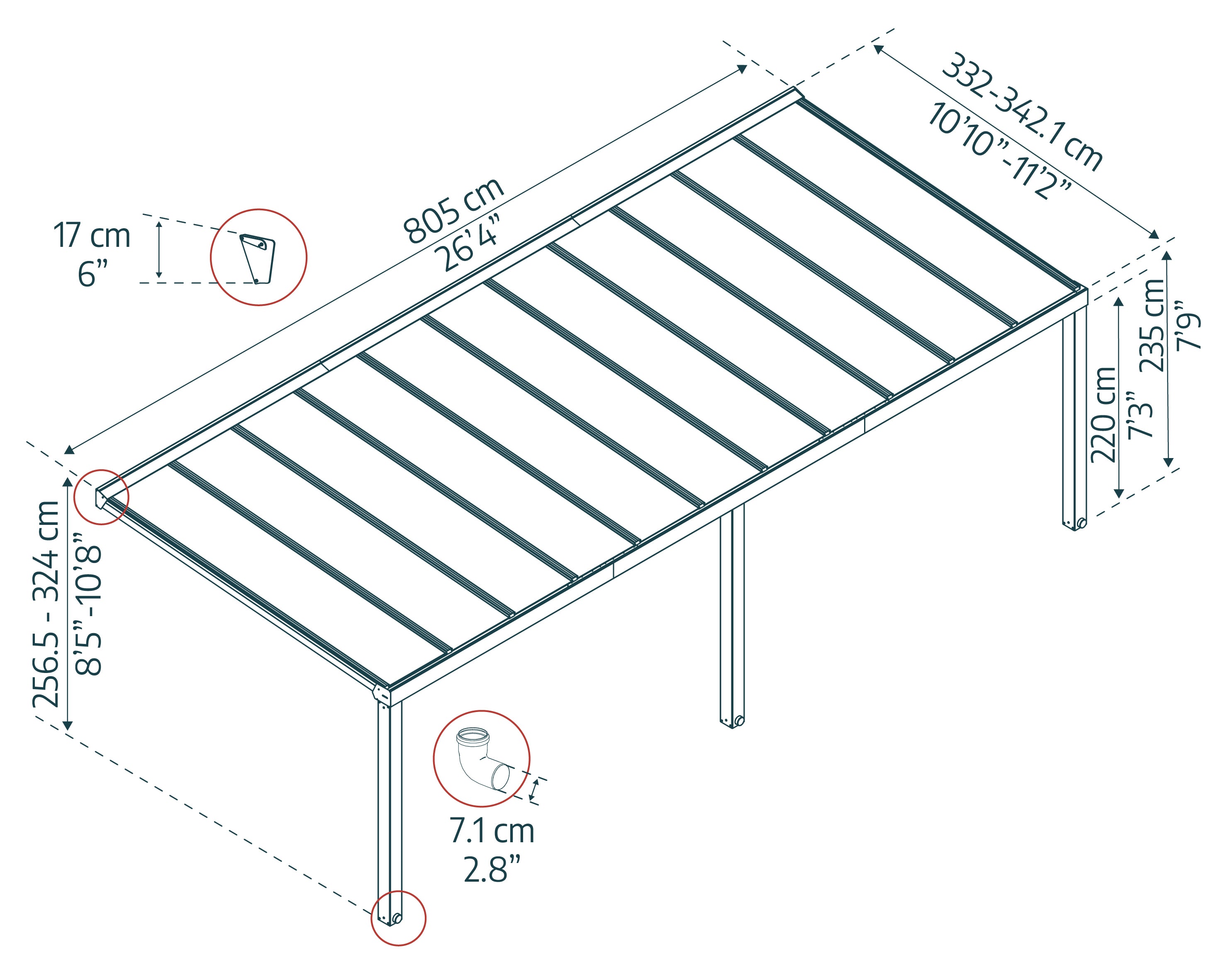 Pergola Addossata in Alluminio di Premium Stockholm 3.4X8 m Trasparente