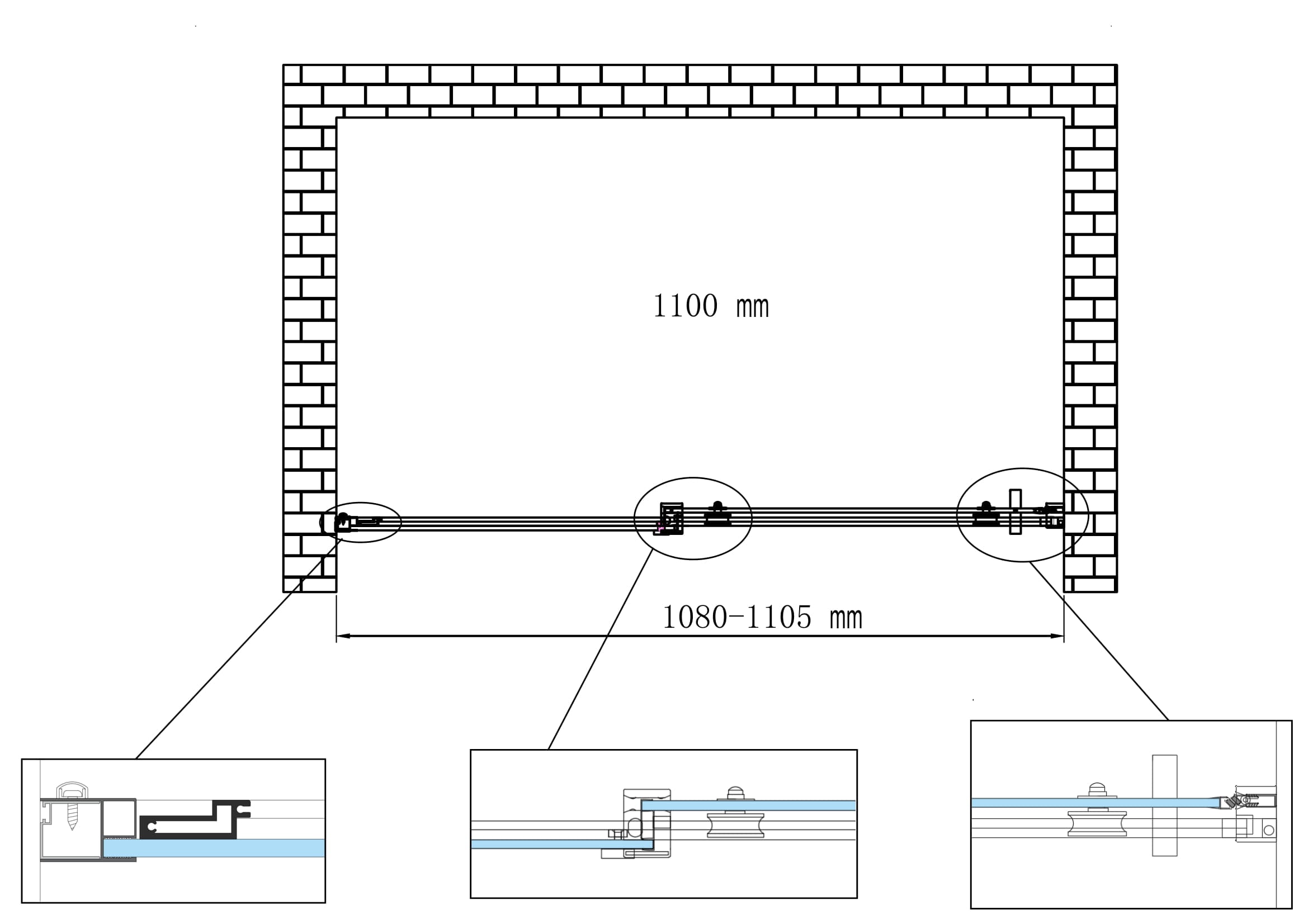 Porta doccia vetro 8 mm per installazione in nicchia Altezza 190 cm installazione reversibile cm 110 (regolabile 108-110,5)