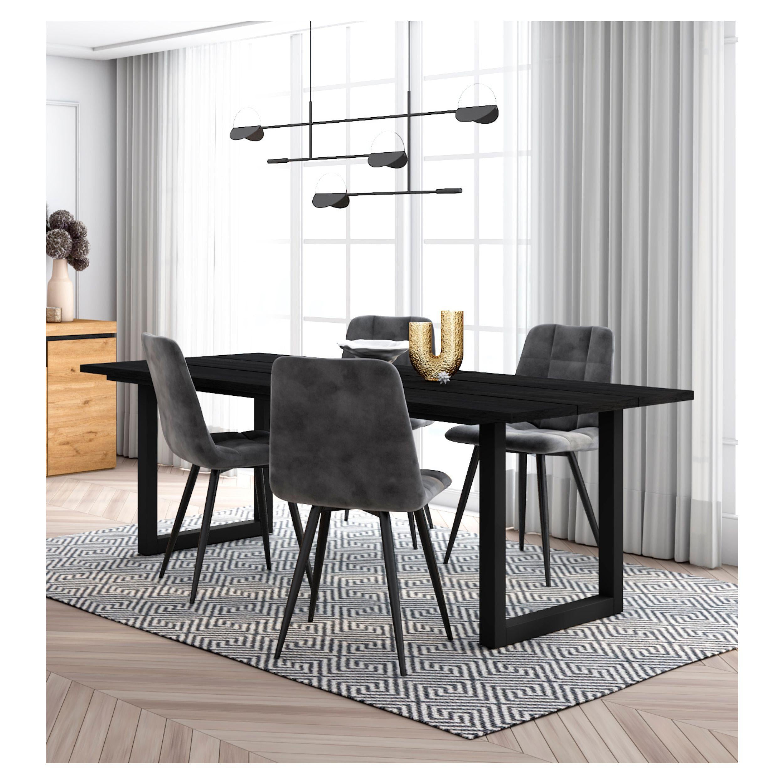 Skraut Home - Set Mobili, Tavolo da pranzo | 200 | Nero | Stile industriale, Tavolo, Pack di 4 sedie da pranzo | Sedia imbottita RF2685