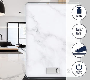 Bilancia Cucina Digitale Ultra sottile Vetro Effetto Marmo 5KG 20x14cm Bianco