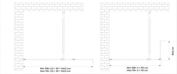 Parete doccia Walk In con anta mobile paraspruzzi vetro temprato 8mm H 200 cm misura 110 cm lastra + 30 cm antina