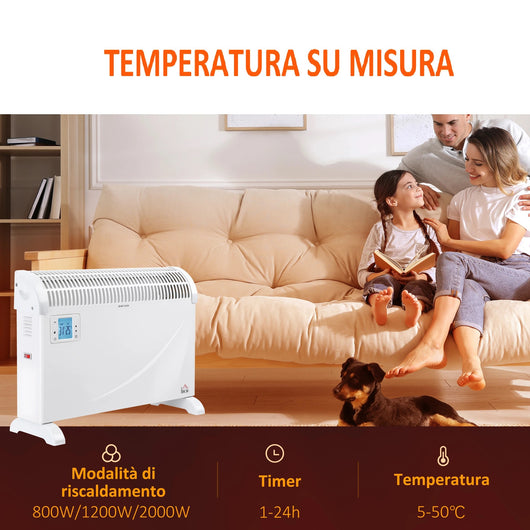 Stufa Elettrica Termoconvettore 3Regolazioni 2000W Timer Metallo 58.5x20x43cm Bianco