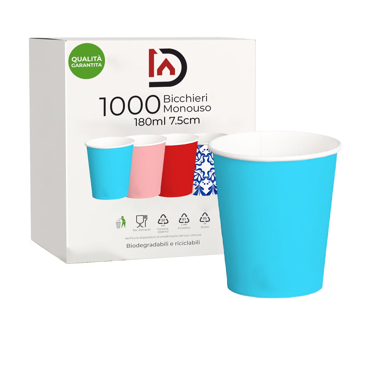 1000 Bicchieri Acqua in Carta 180ml H. 7.5cm Maxi Scorta 100% Biodegradabili