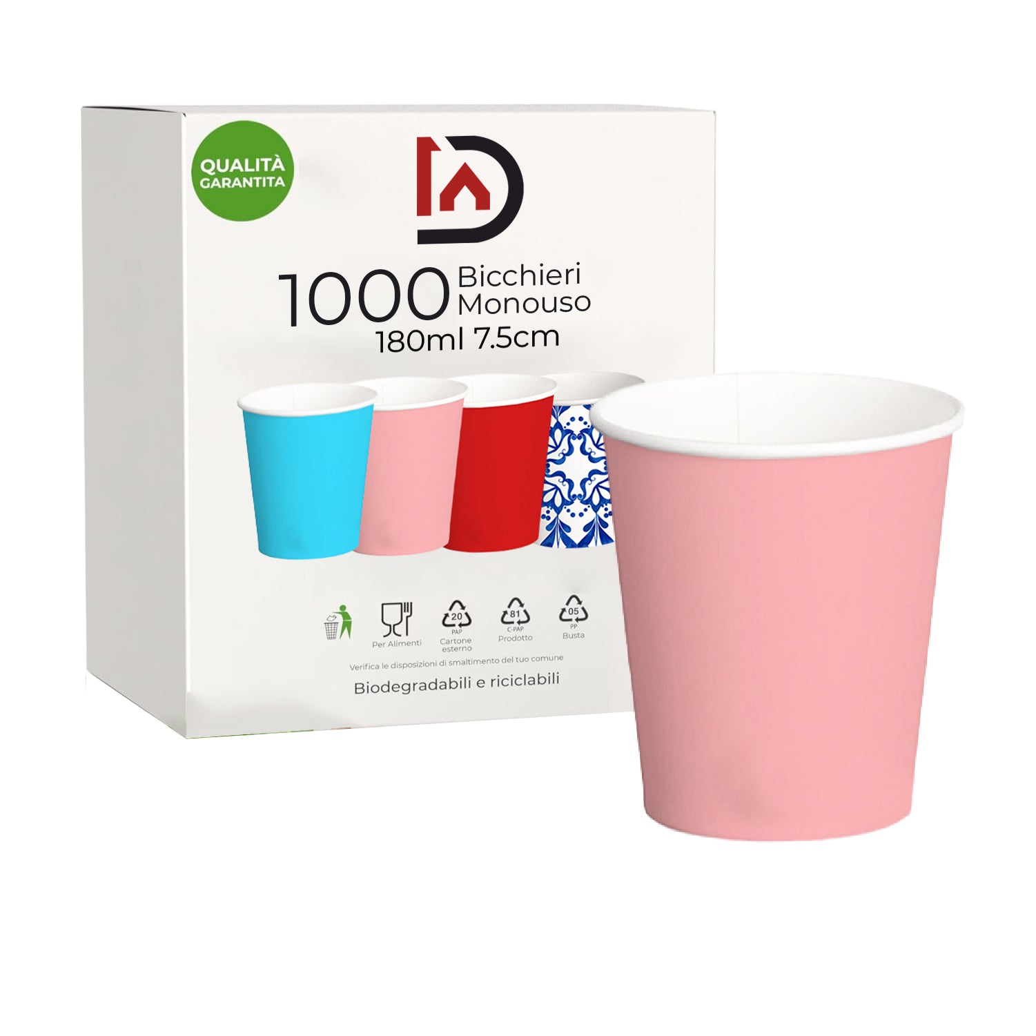 1000 Bicchieri Acqua in Carta 180ml H. 7.5cm Maxi Scorta 100% Biodegradabili