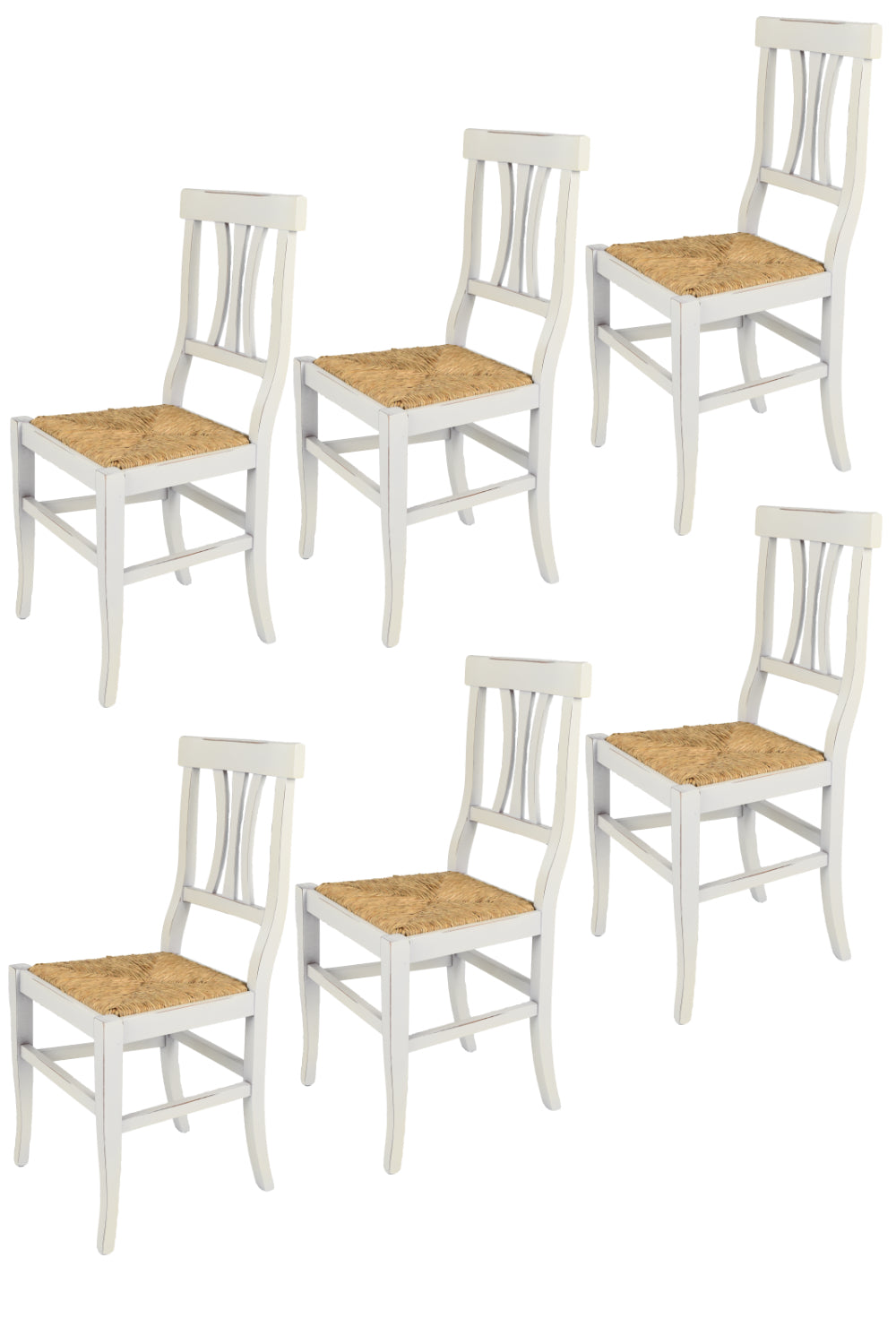 Set 6 sedie Artemisia Tommychairs Shabby Chic, struttura in faggio anticata artigianalmente a mano, seduta in paglia