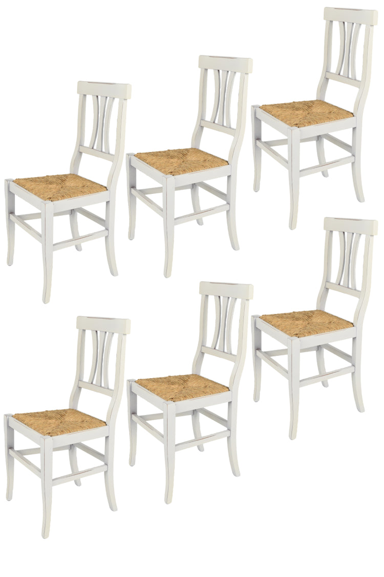 Set 6 sedie Artemisia Tommychairs Shabby Chic, struttura in faggio anticata artigianalmente a mano, seduta in paglia