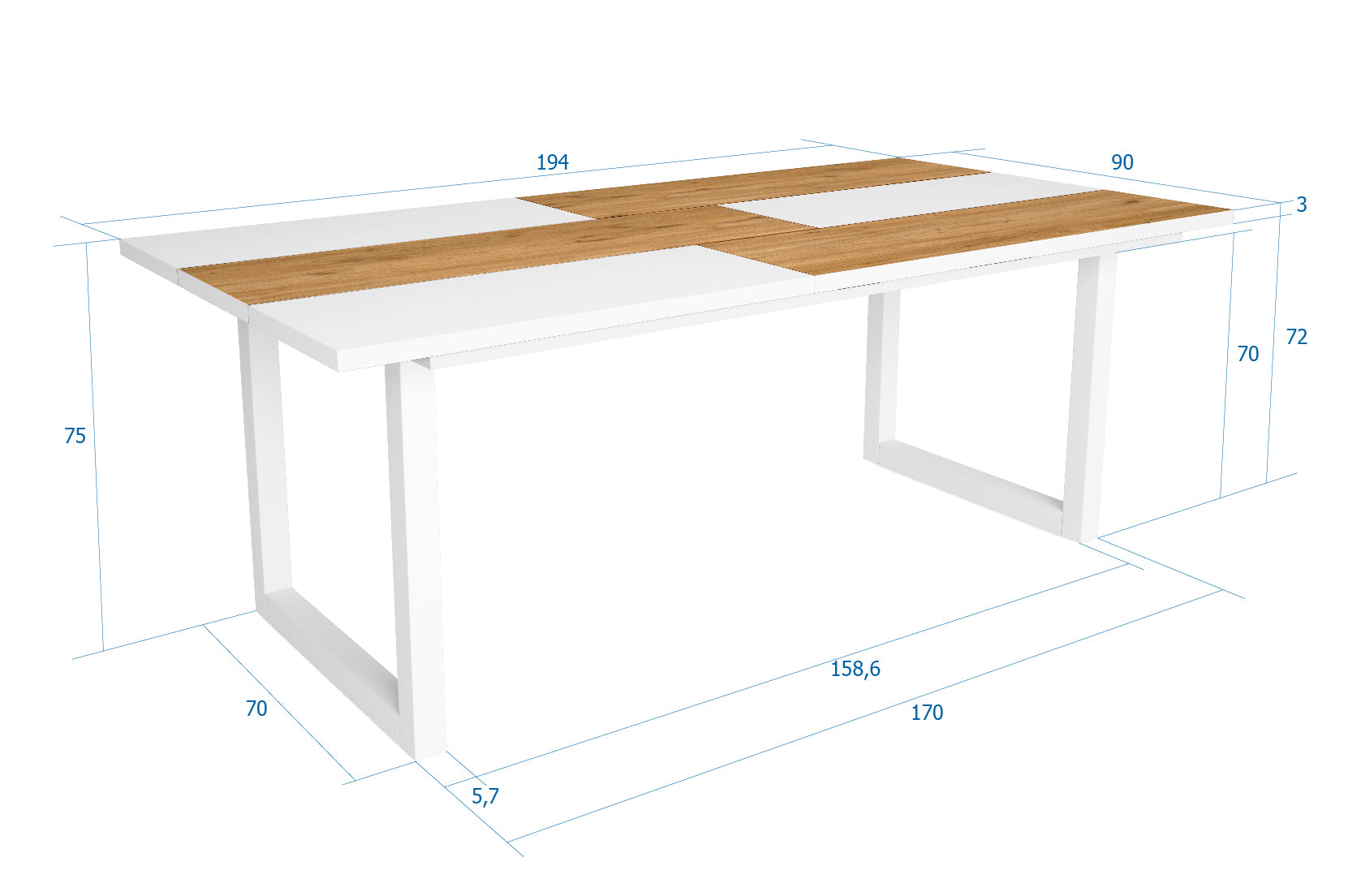 Tavolo da pranzo 10 posti 194x90 cm con gambe in legno a U colore Rovere e Bianco