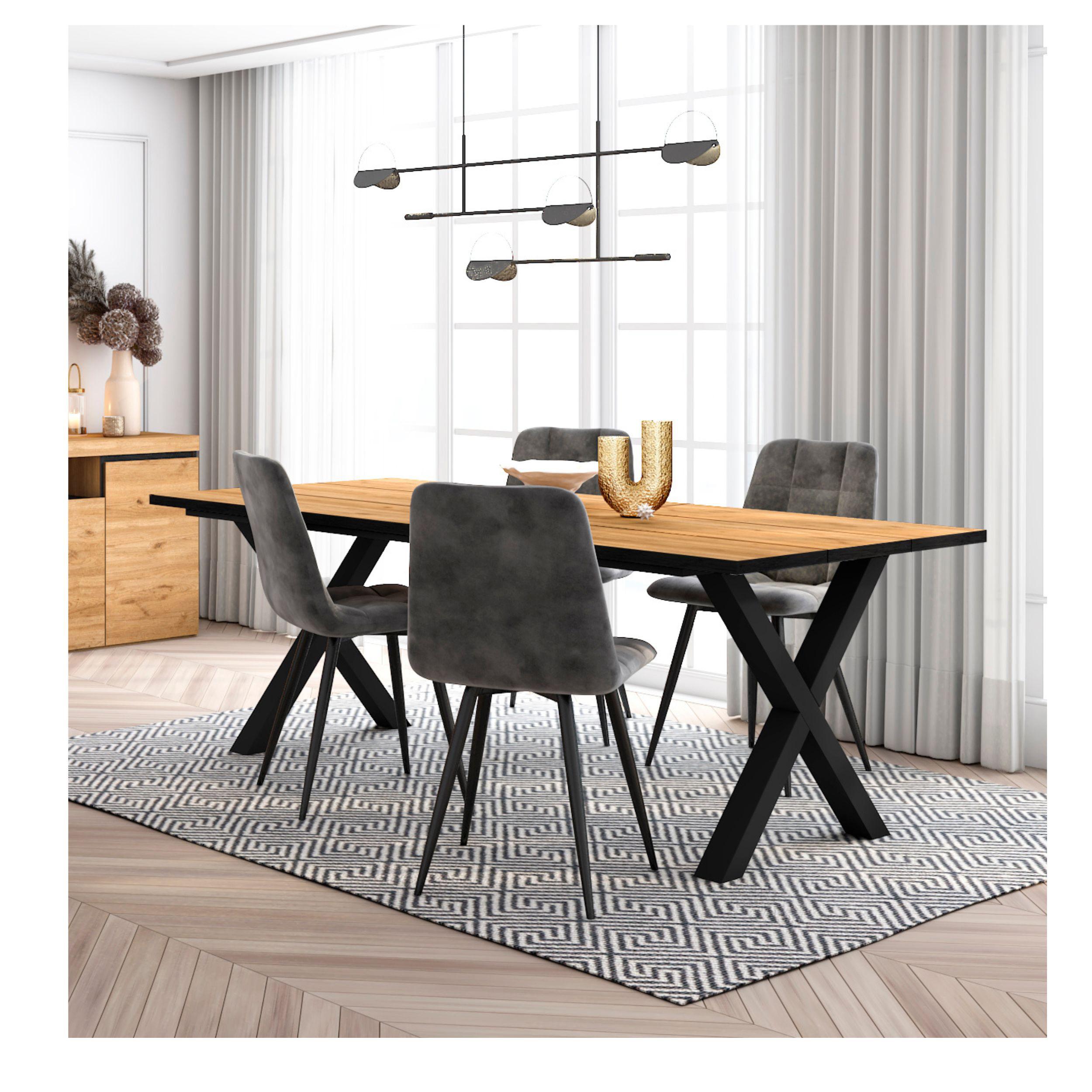 Skraut Home - Set Mobili, Tavolo da pranzo | 200 | Rovere e nero | industriale, Tavolo, Pack di 4 sedie da pranzo | Sedia imbottita RF2690