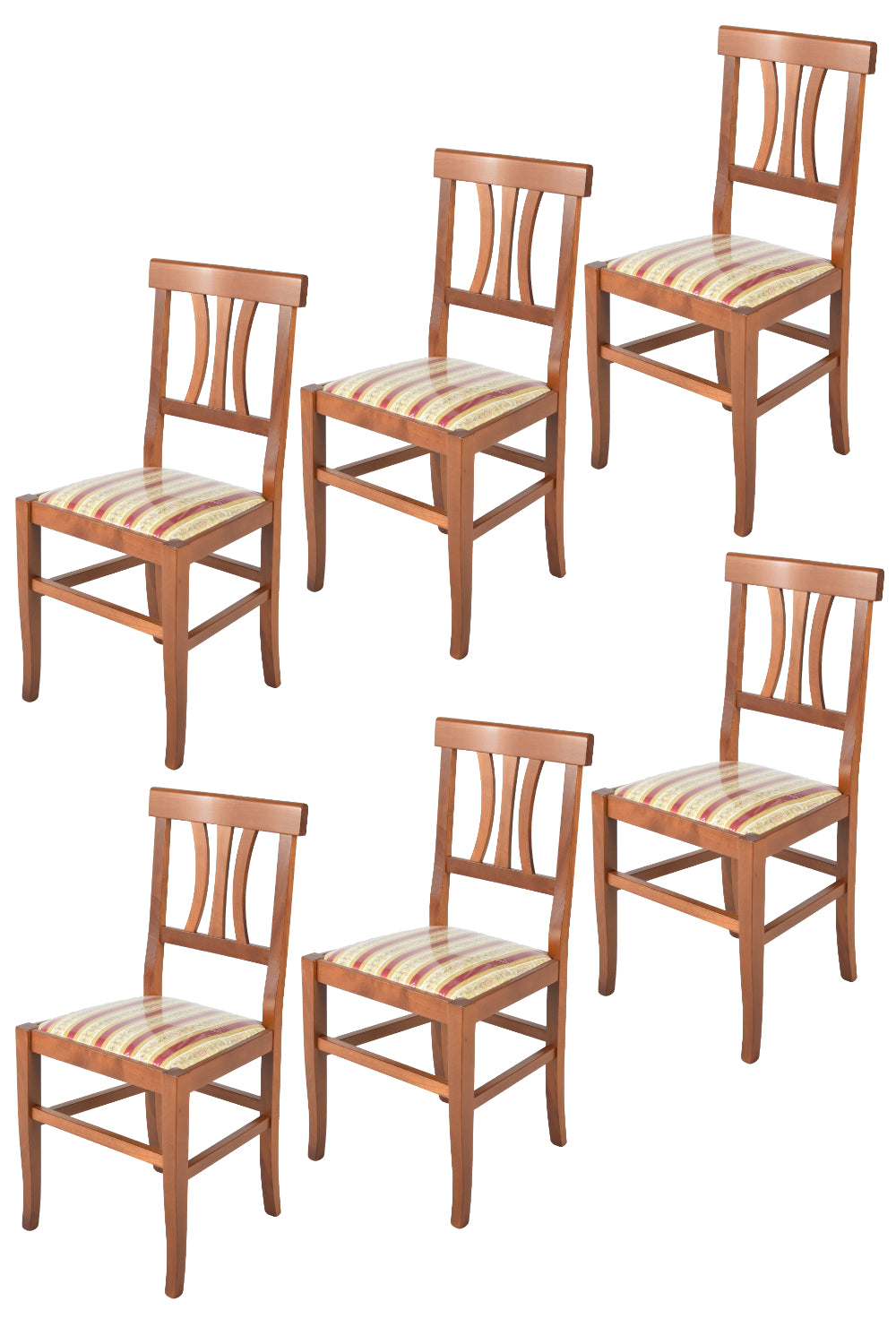 Set 6 Sedie Artemisia Tommychairs, struttura in legno di faggio color noce chiaro e seduta in tessuto lisere rosso