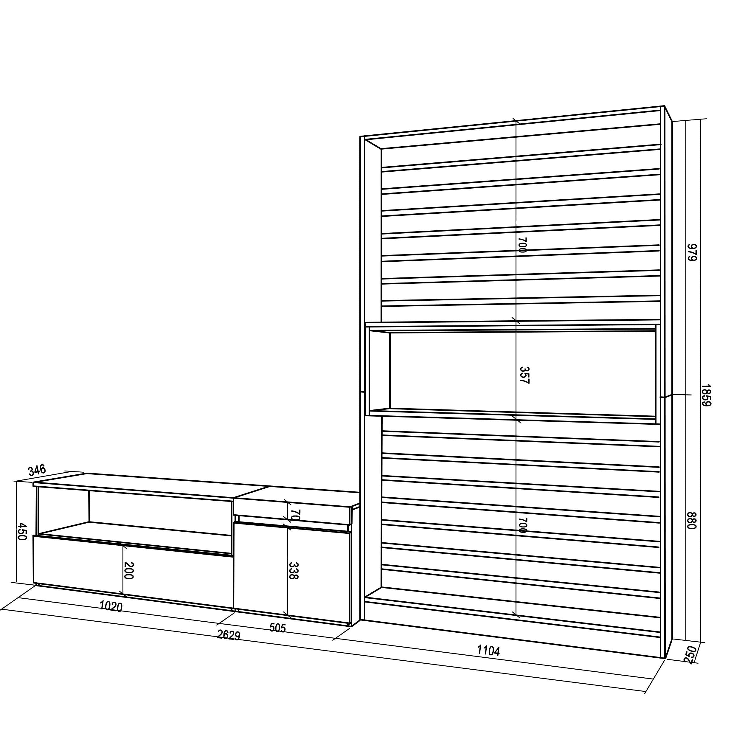 Mobile TV, Soggiorno, 260x35x186cm, Per TV fino a 65", Set di mobili, Bianco e nero RF2543