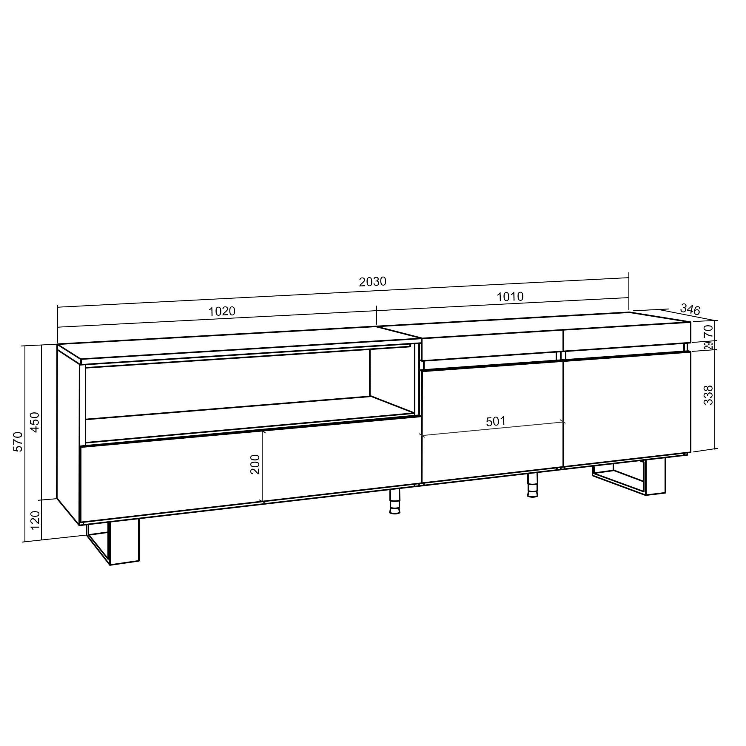 Mobile TV Soggiorno 200x57x35cm, Per TV fino a 80 pollici Design industriale, Stile moderno colore Nero