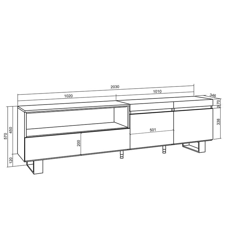 Mobile TV Soggiorno 200x57x35cm, Per TV fino a 80 pollici Design industriale, Stile moderno colore Nero