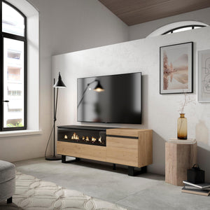 Mobile TV Soggiorno, 150x57x35cm, Per TV fino a 65", Camino elettrico, Stile moderno, Rovere e nero