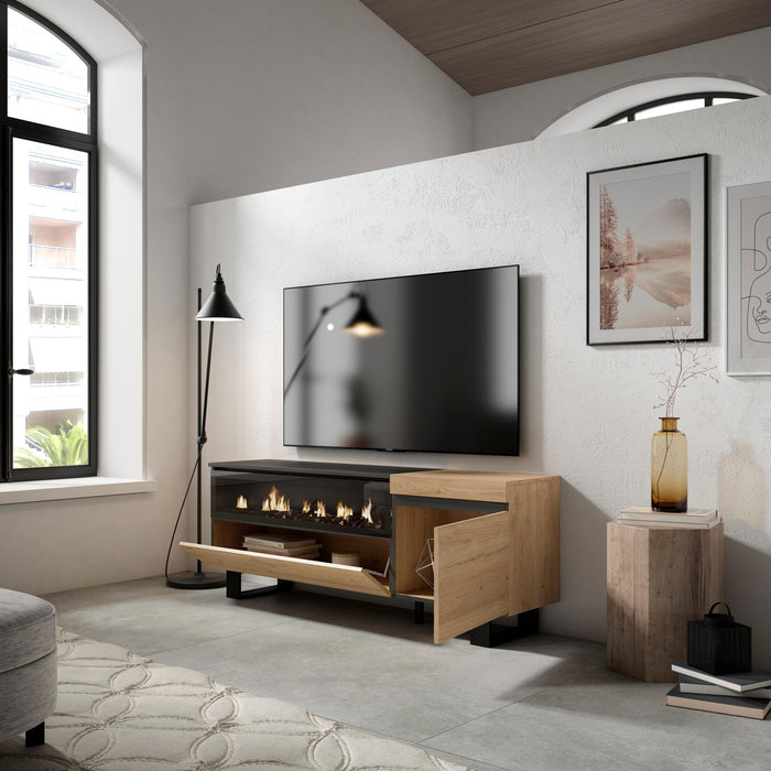 Mobile TV Soggiorno, 150x57x35cm, Per TV fino a 65", Camino elettrico, Stile moderno, Rovere e nero